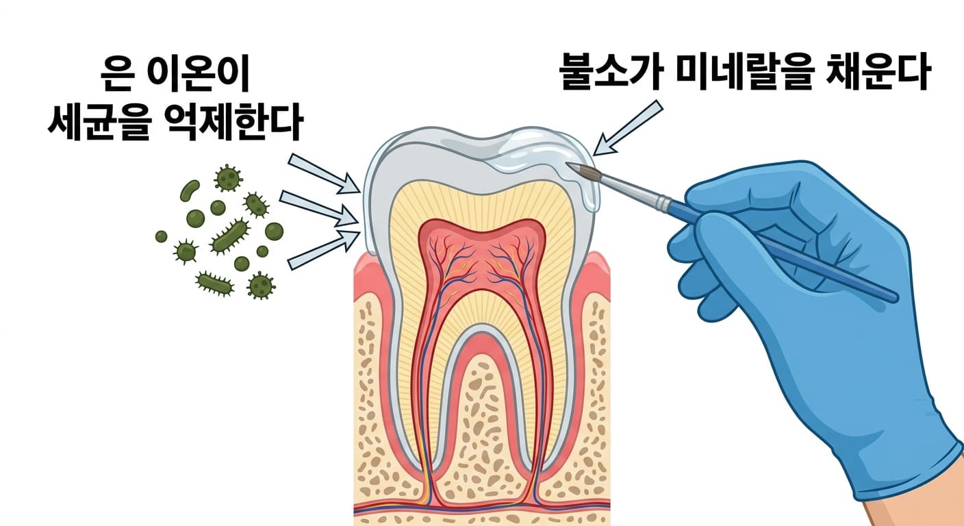 치아 표면에 도포액을 바르는 손과 함께, 은 이온이 세균을 억제하는 작용과 불소가 빠져나간 미네랄을 채우는 작용을 화살표로 나타낸 그림.