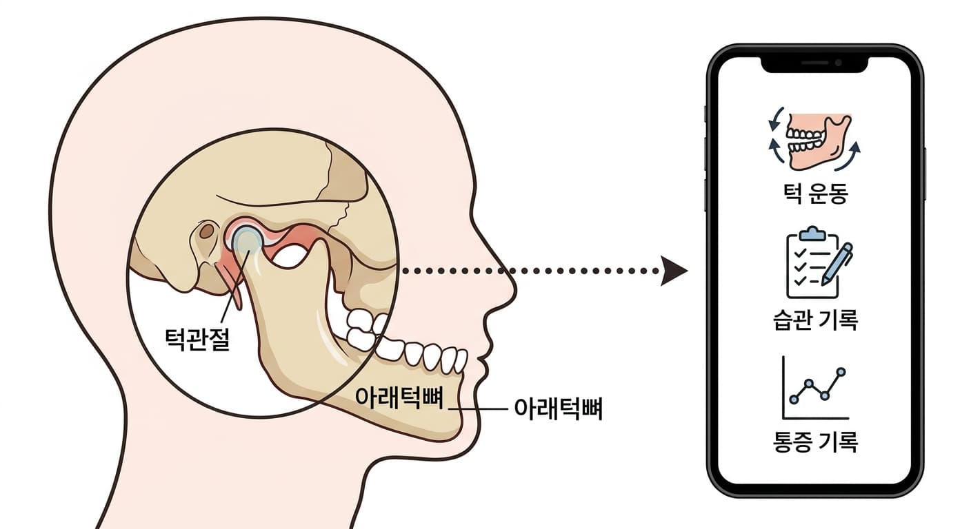 턱관절 부위 확대 그림과 턱 운동·습관 기록·통증 기록 기능을 담은 스마트폰 앱 화면