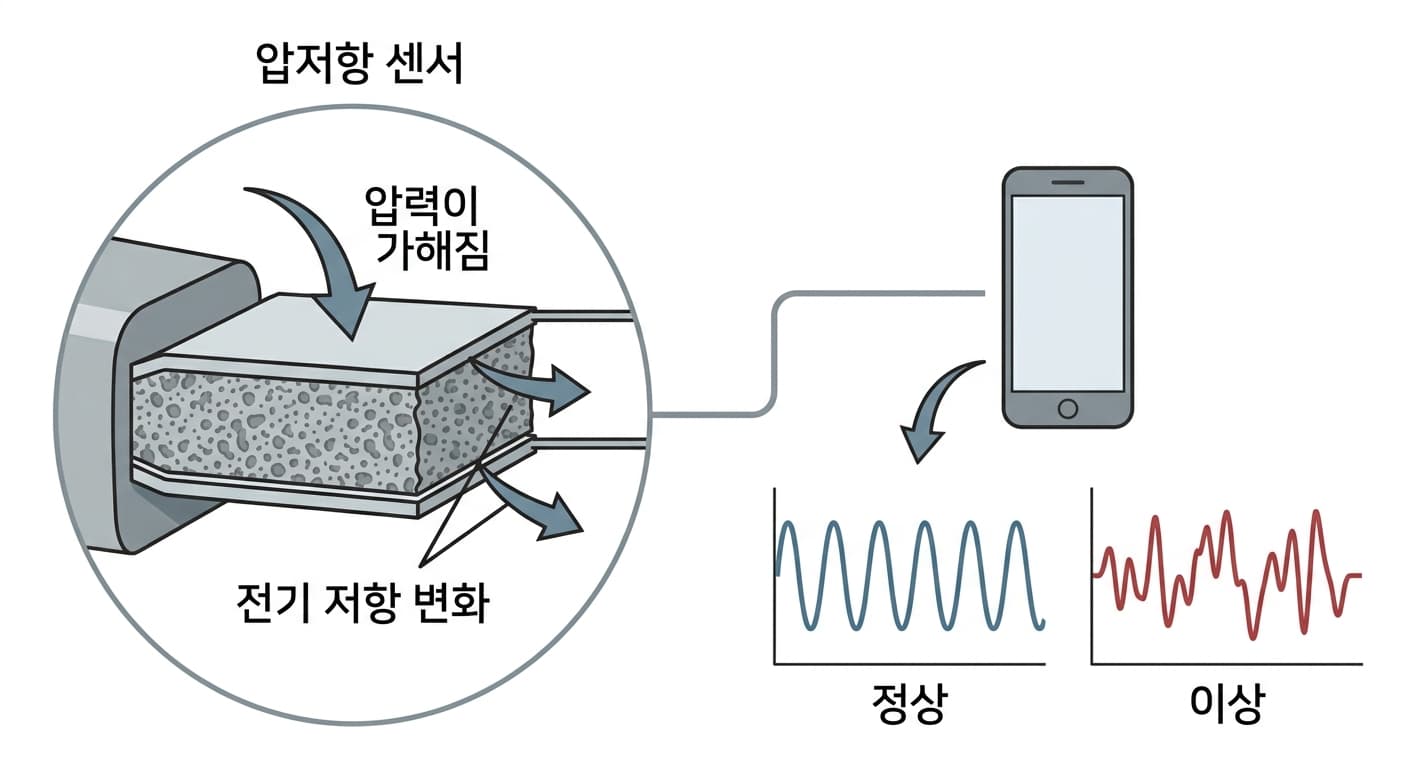 압저항 센서 소재가 눌려 전기 저항이 변하고 그 신호가 정상과 이상 움직임의 서로 다른 파형으로 나뉘는 과정