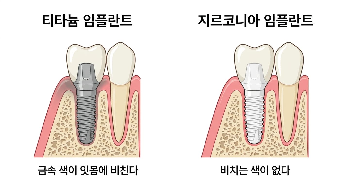 티타늄 임플란트와 지르코니아 임플란트를 얇은 잇몸 아래에 심었을 때 금속 색이 비치는 정도를 비교한 그림. 티타늄은 금속 색이 비치고 지르코니아는 비치는 색이 없다.