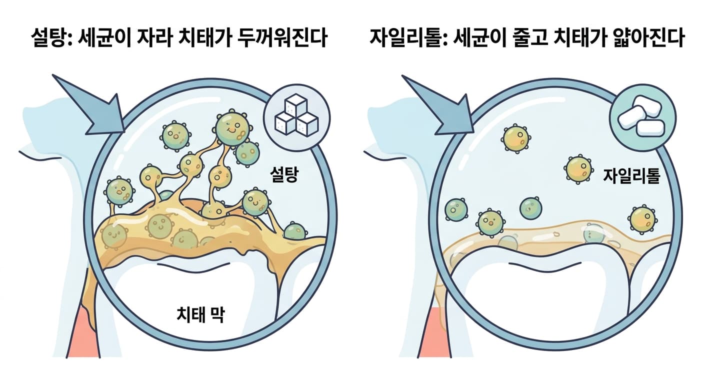 설탕은 세균을 늘려 치태를 두껍게 만들고 자일리톨은 세균을 줄여 치태를 얇게 만드는 원리를 비교한 그림