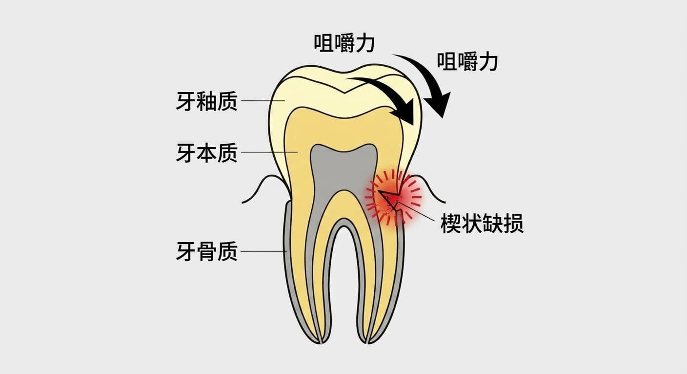 展示咀嚼力使牙齿弯曲，从而在牙颈部形成楔形缺损这一过程的牙齿剖面示意图