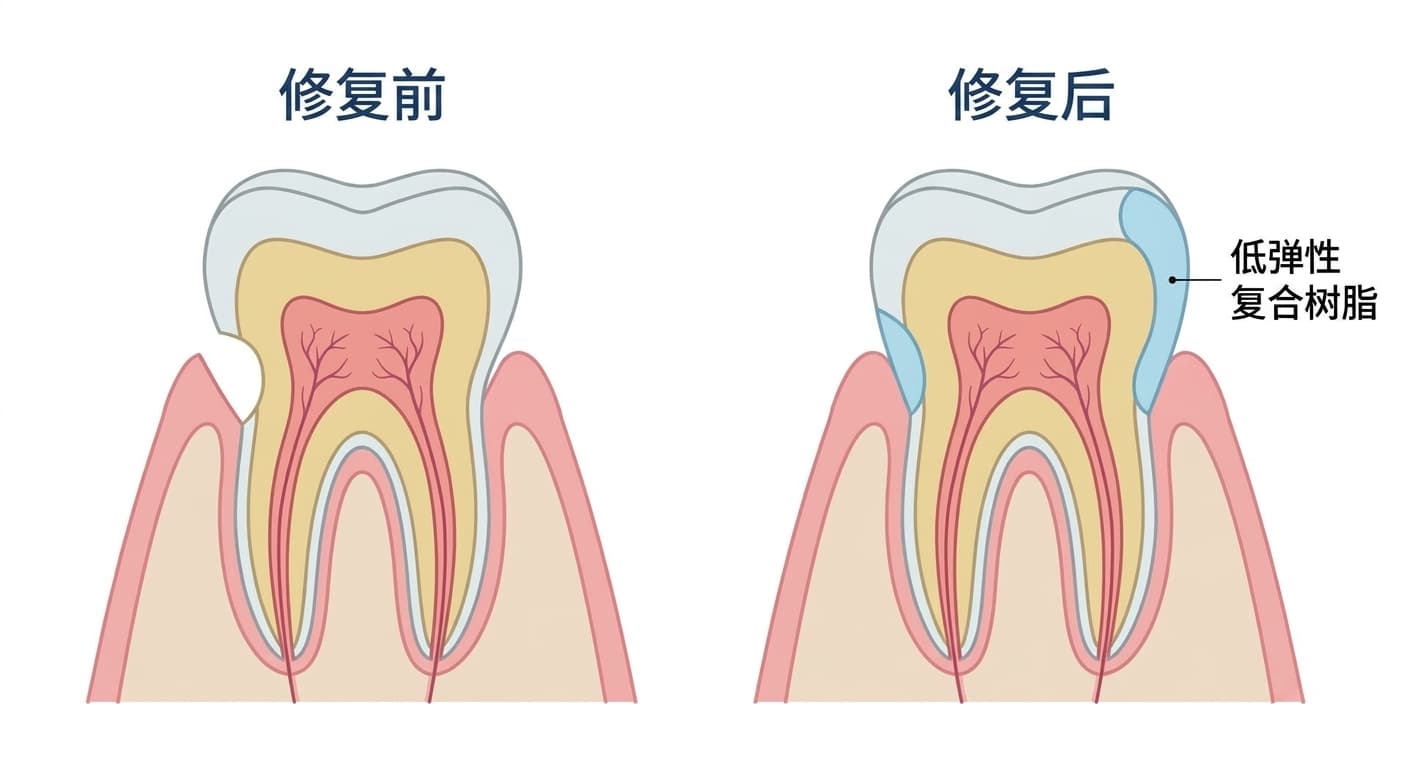 对比牙颈部楔形缺损在使用低弹性复合树脂填补前后的牙齿剖面示意图