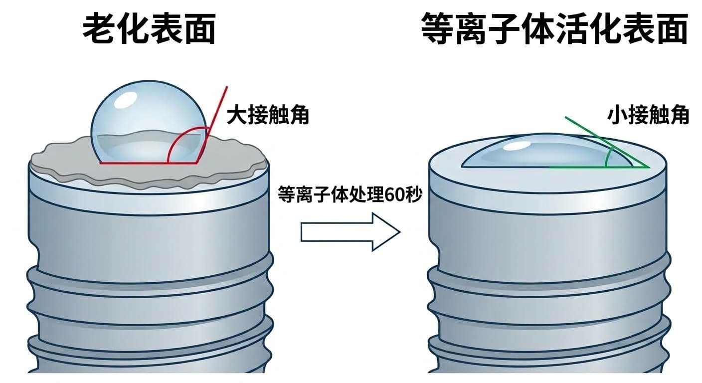 展示在种植体表面照射冷等离子体60秒后，水滴接触角大幅缩小的插图。左侧为碳氢化合物堆积、水滴呈圆形的老化表面，右侧为等离子体处理后水滴广泛铺展的表面。