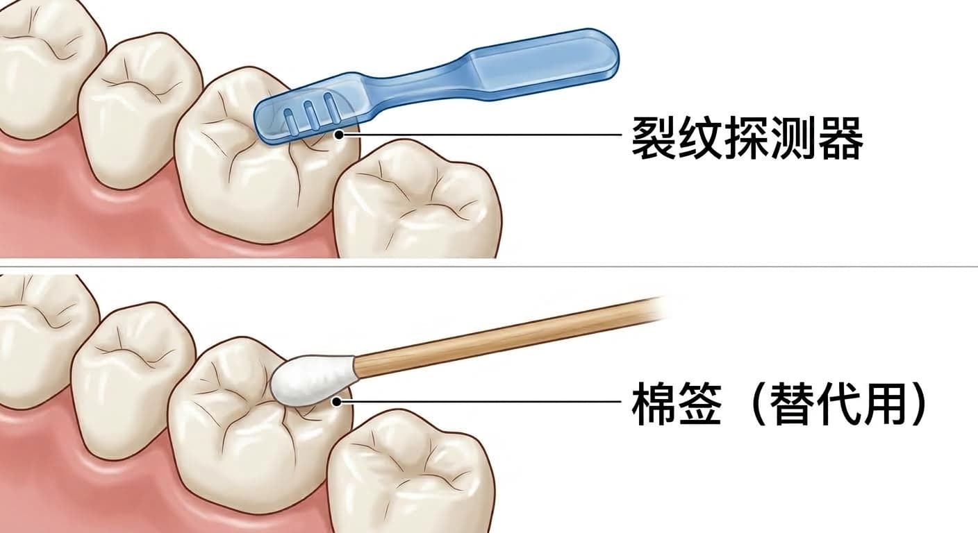 对比用于检测牙齿有无裂纹的裂纹探测器与替代用棉签的图示