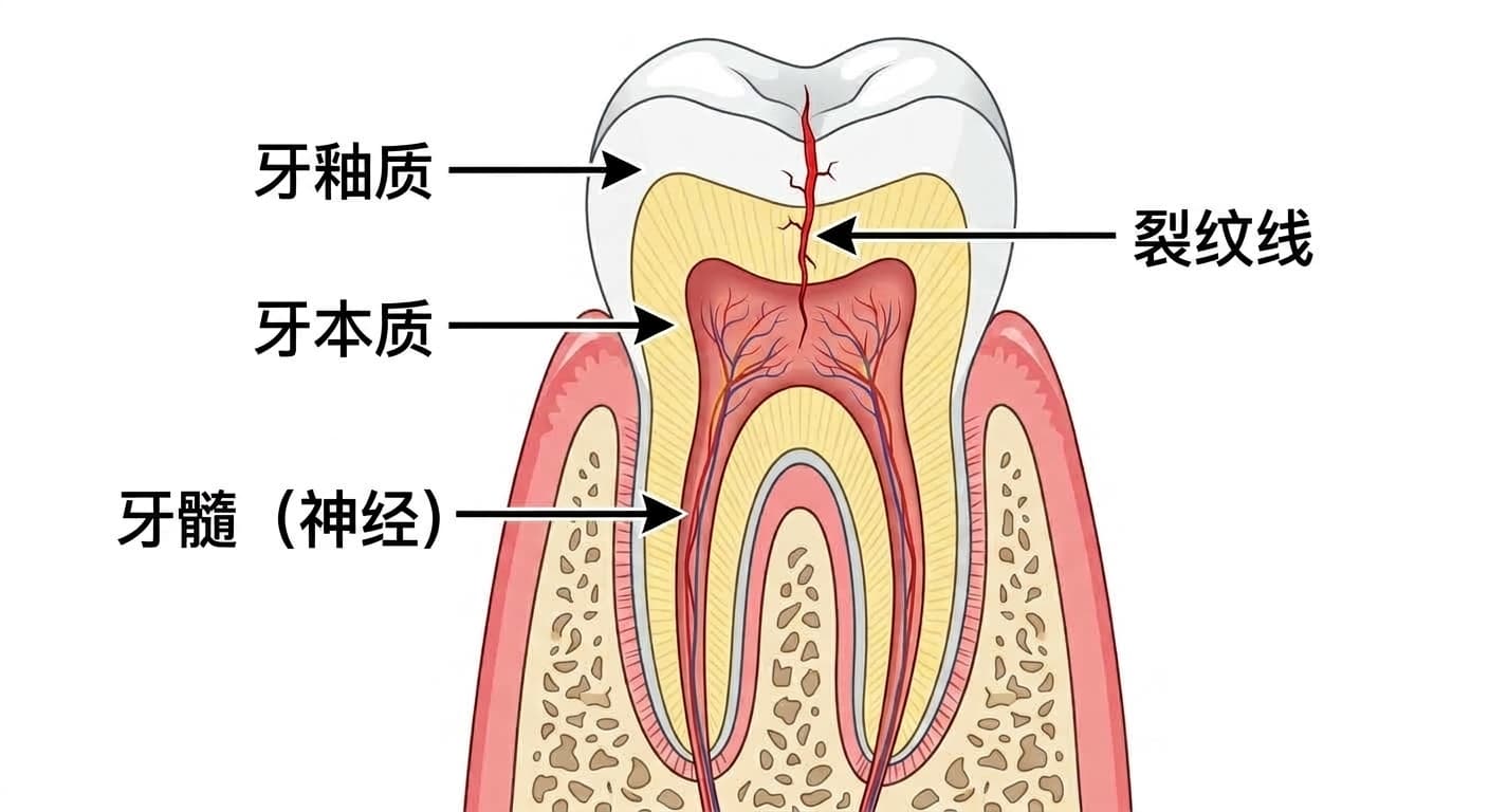 磨牙横截面图，标示出从咬合面延伸至神经的裂纹线