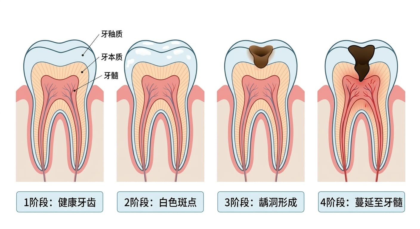 龋齿的发展阶段：对比健康牙齿、白色斑点、形成龋洞及蔓延至牙髓的剖面图