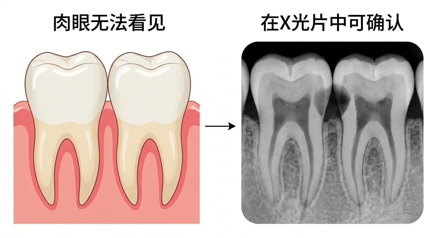 邻面龋齿肉眼无法看见，但在X光片中呈暗色显示的对比图