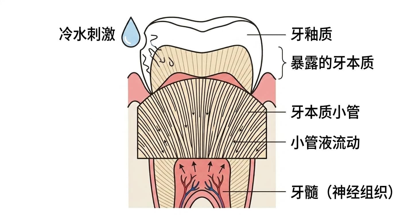 牙本质过敏症的疼痛发生机制。冷水刺激接触暴露的牙本质表面时，牙本质小管内的液体发生流动，这种流动刺激牙髓神经，转化为疼痛信号传导