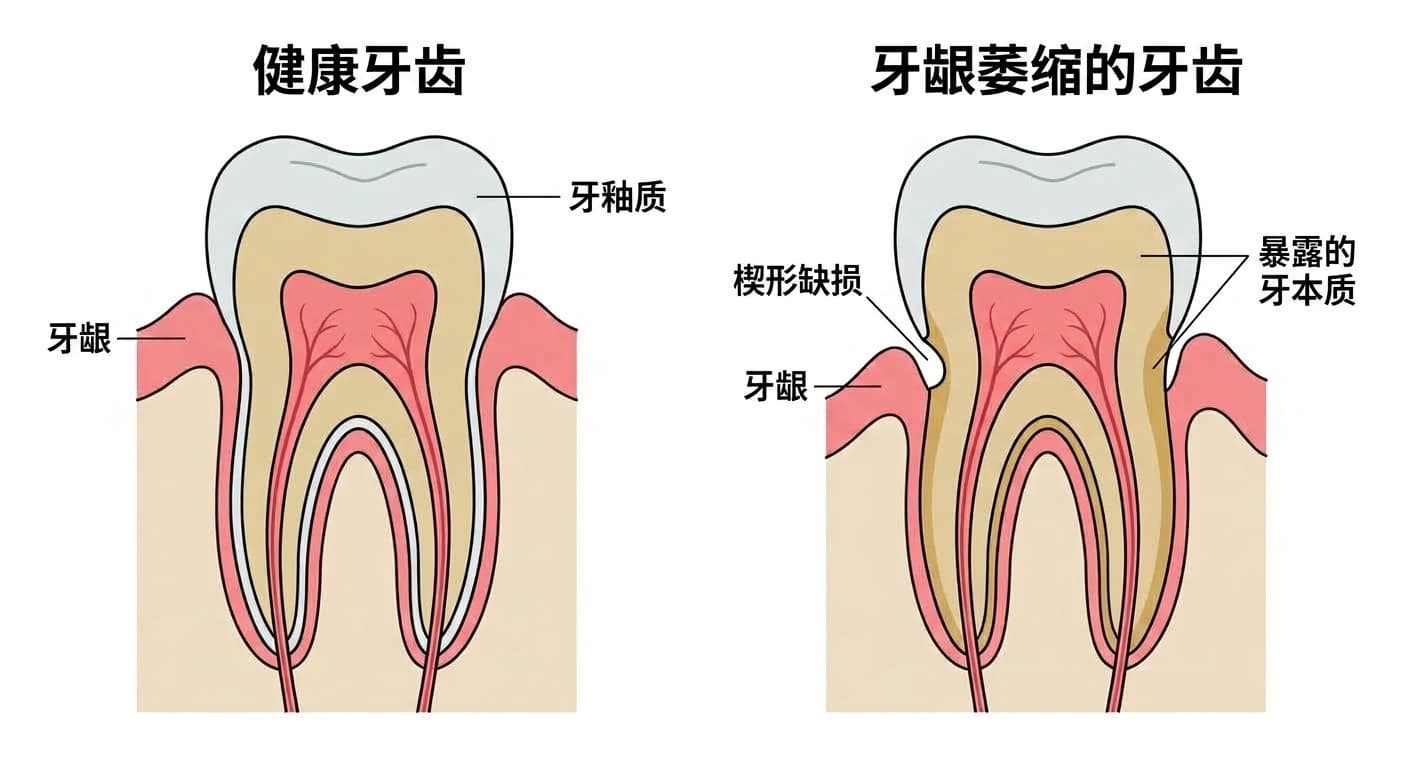健康牙齿与牙龈萎缩牙齿的截面对比。健康牙齿的牙龈覆盖着牙颈部，而牙龈萎缩的牙齿则牙根侧牙本质暴露，牙龈边界部位可能出现楔形缺损
