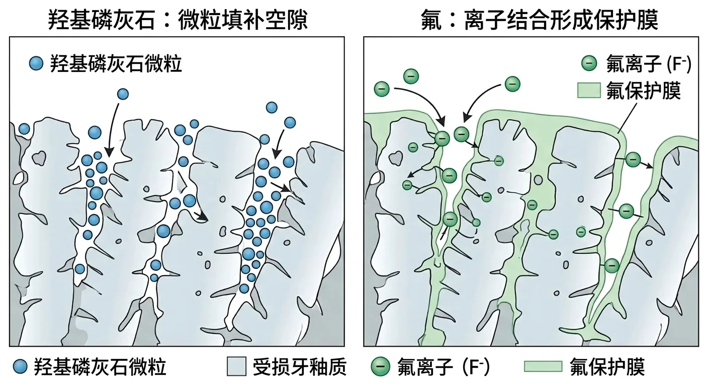 并排比较羟基磷灰石颗粒直接填补牙釉质表面微小孔隙的方式，与氟离子结合形成保护膜的方式的图示