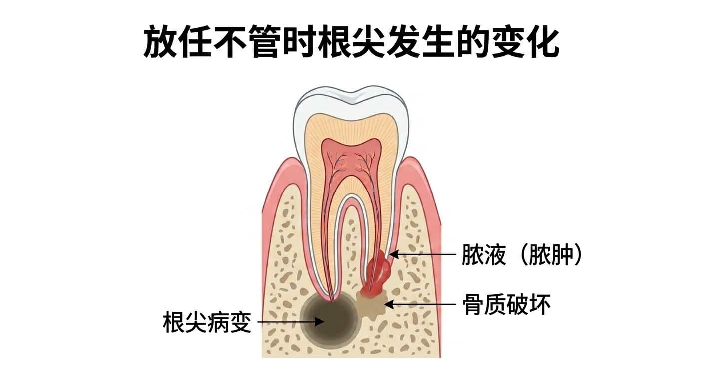放任不管的牙髓坏死在根尖骨质中形成的病变与脓液剖面图