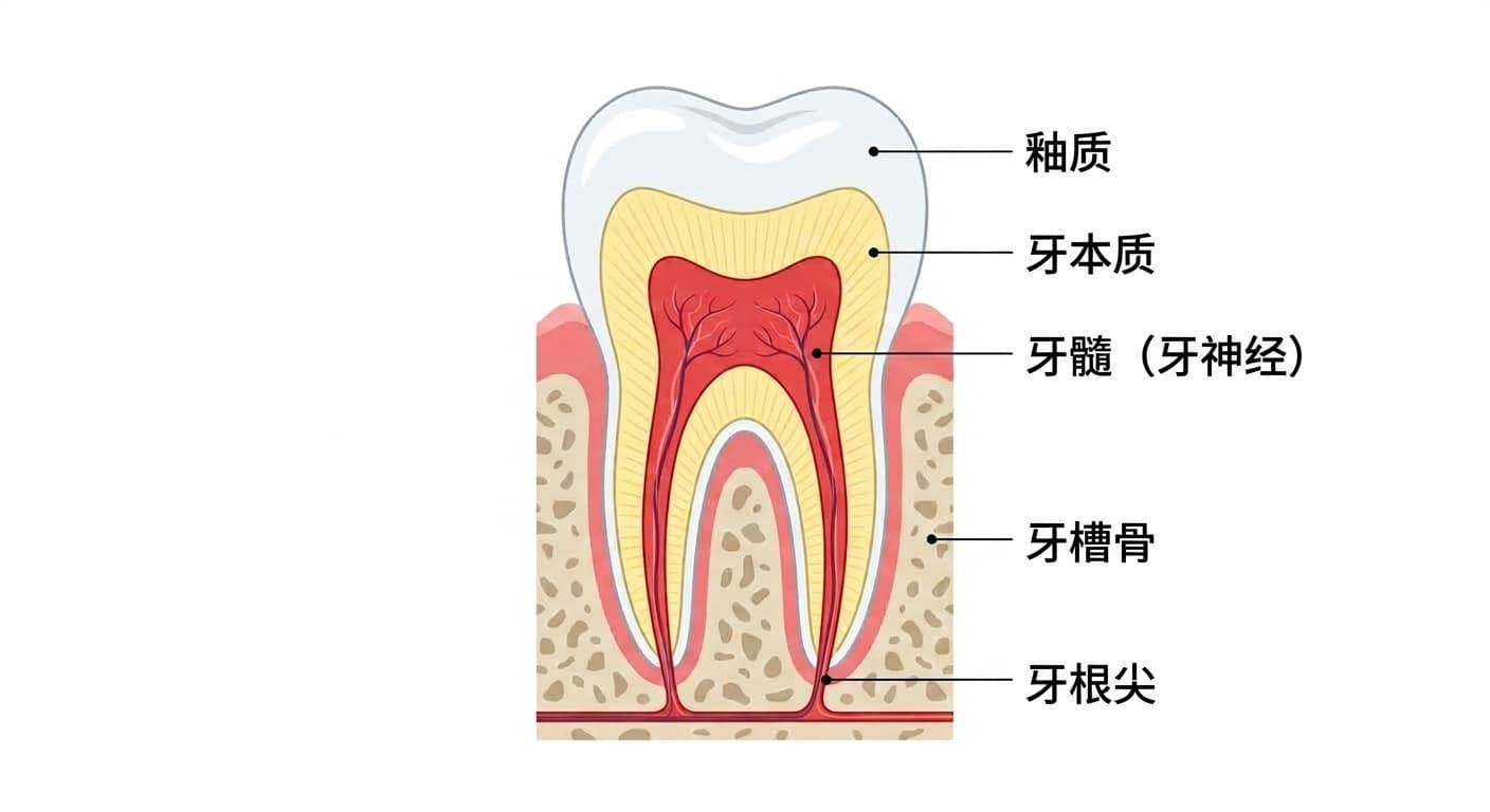 牙齿剖面图。从外向内依次标示了釉质、牙本质、牙髓（牙神经）、牙根尖、牙槽骨等结构