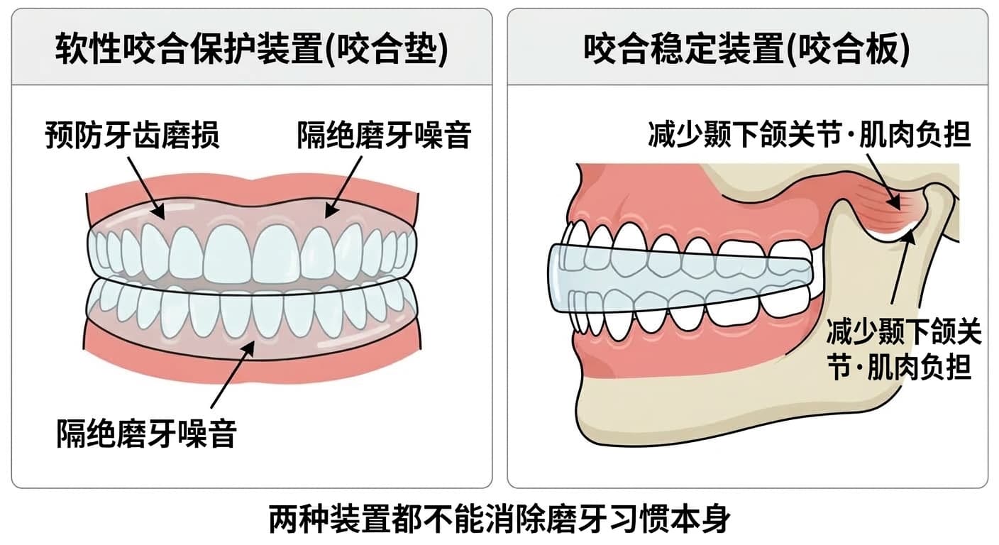 将软性咬合保护装置与咬合稳定装置并列比较的图示，分别展示防止牙齿磨损、隔绝噪音与减少颞下颌关节、肌肉负担这两种不同目的
