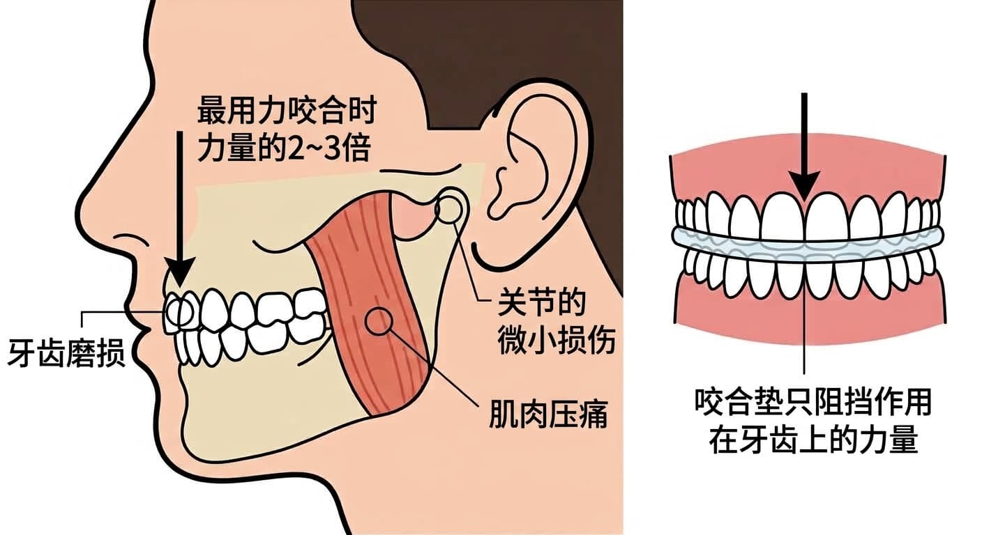 示意图：达到最用力咬合时2~3倍的磨牙力量可能导致牙齿磨损、肌肉压痛和颞下颌关节微小损伤，而咬合垫只能阻挡作用在牙齿上的力量