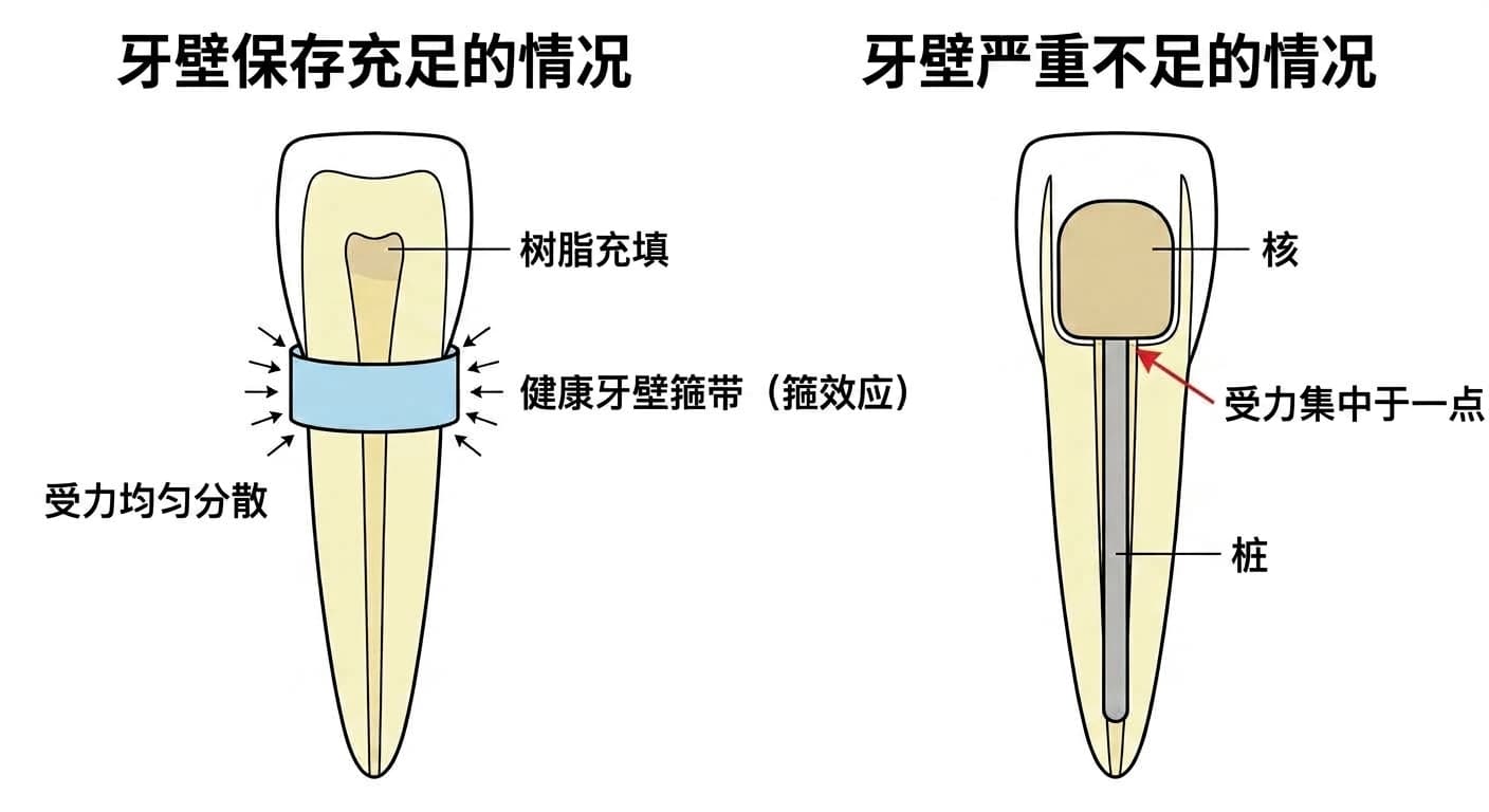 对比神经治疗后的前牙牙壁保存充足与严重不足时，受力扩散方式的剖面图