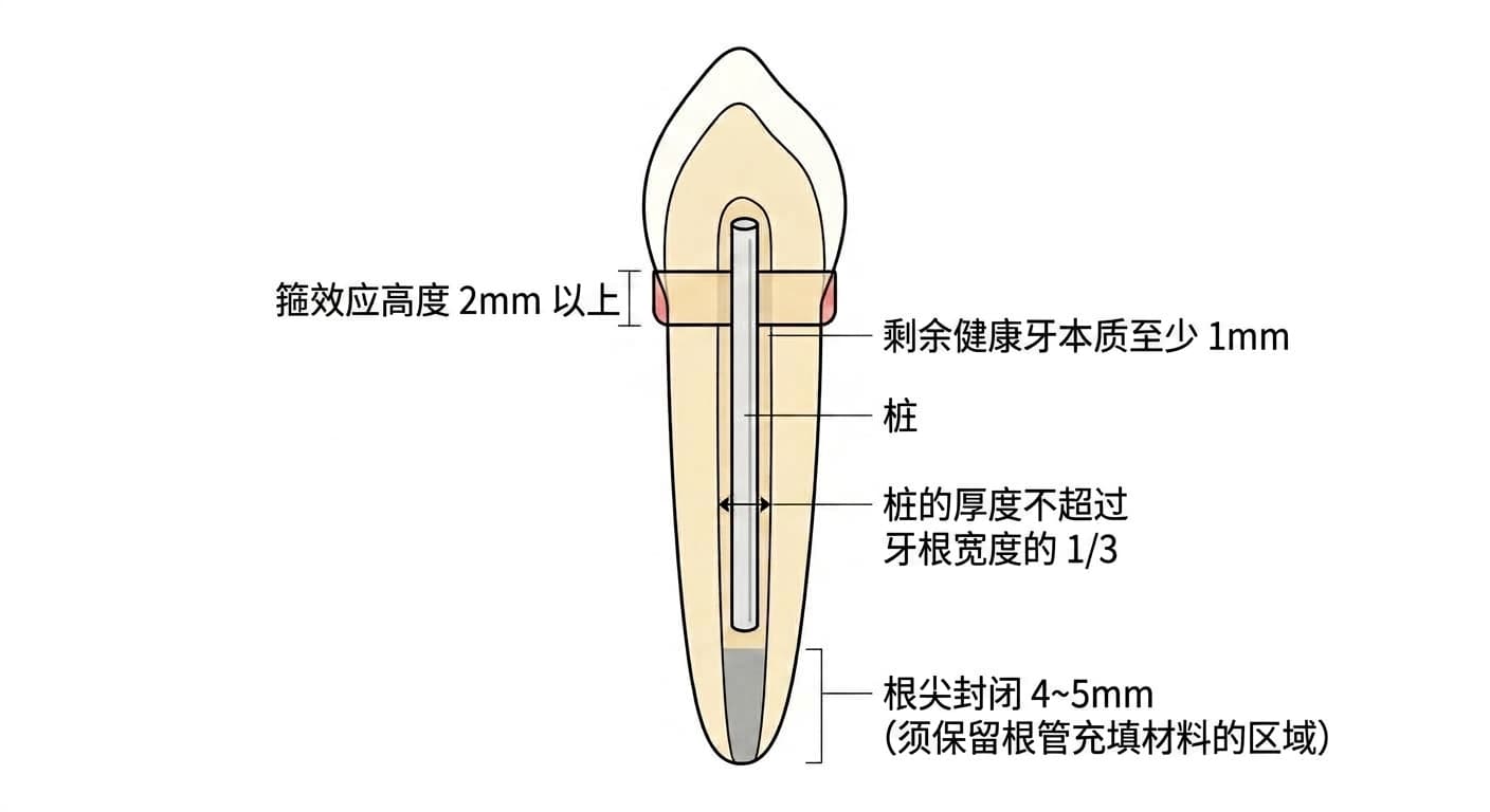 标示神经治疗后的前牙立桩时须遵守的最小尺寸的剖面图