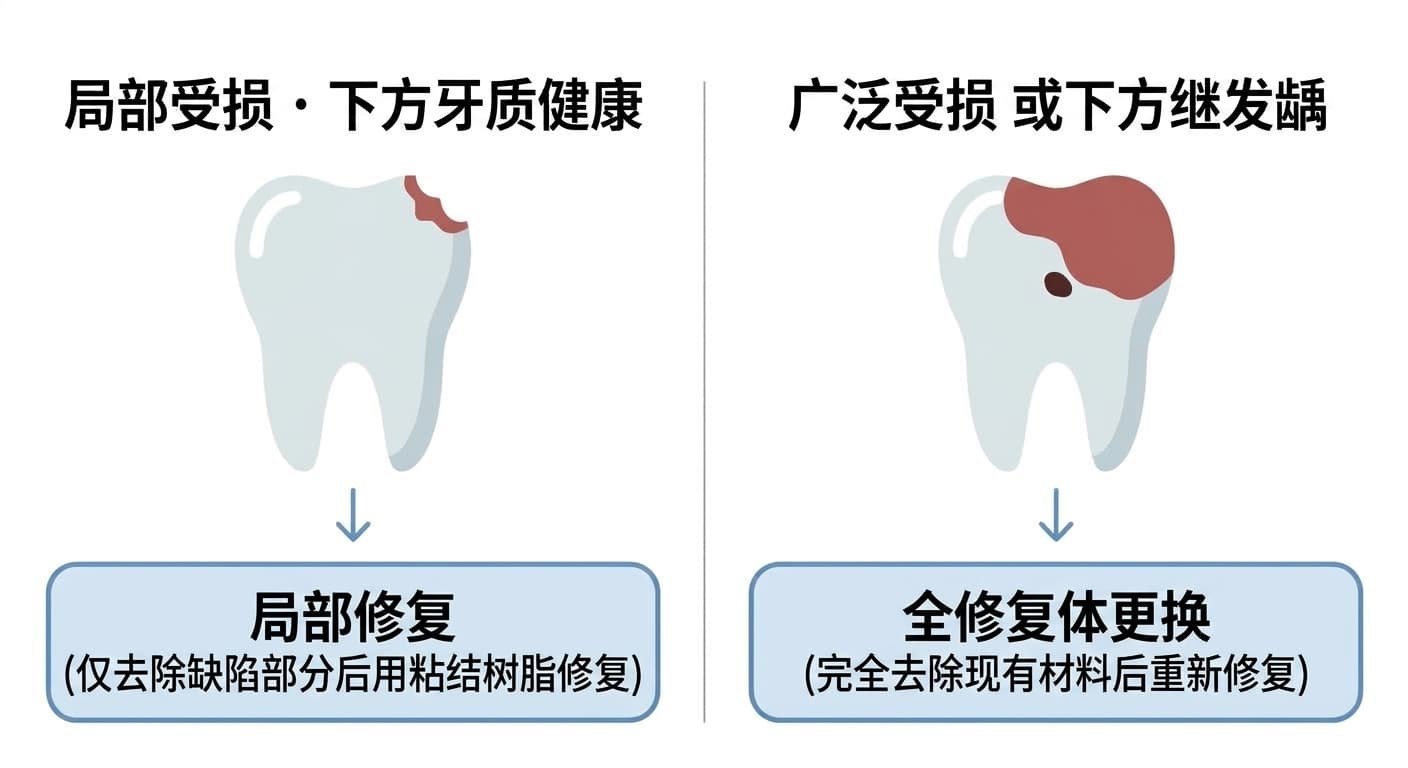 比较局部受损且下方牙体组织健康时仅去除缺损部分并用粘接树脂修复的局部修复，与受损范围广泛或下方存在继发龋时完全去除原有材料后重新修复的全修复体更换的示意图