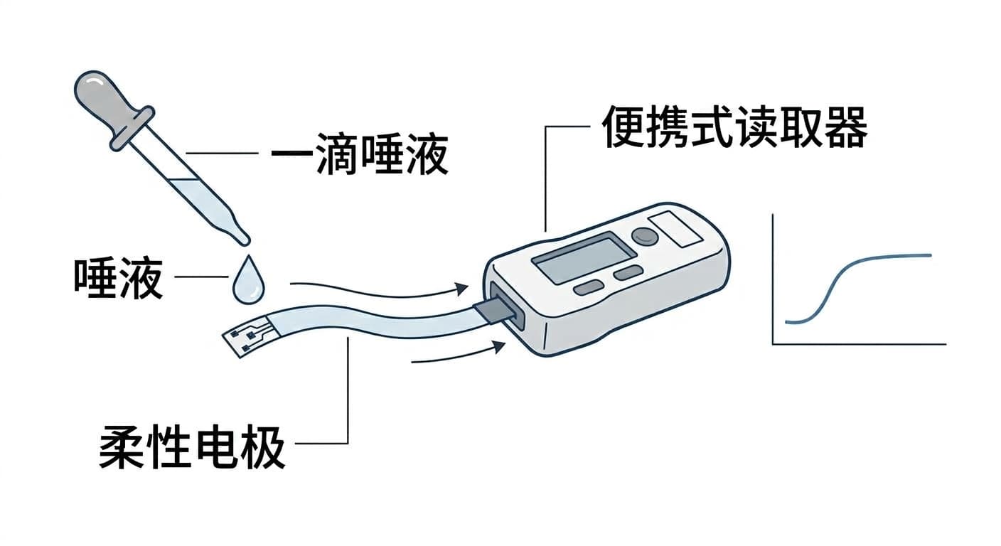 将一滴唾液滴在柔性电极上并用便携式读取器读取的过程示意图