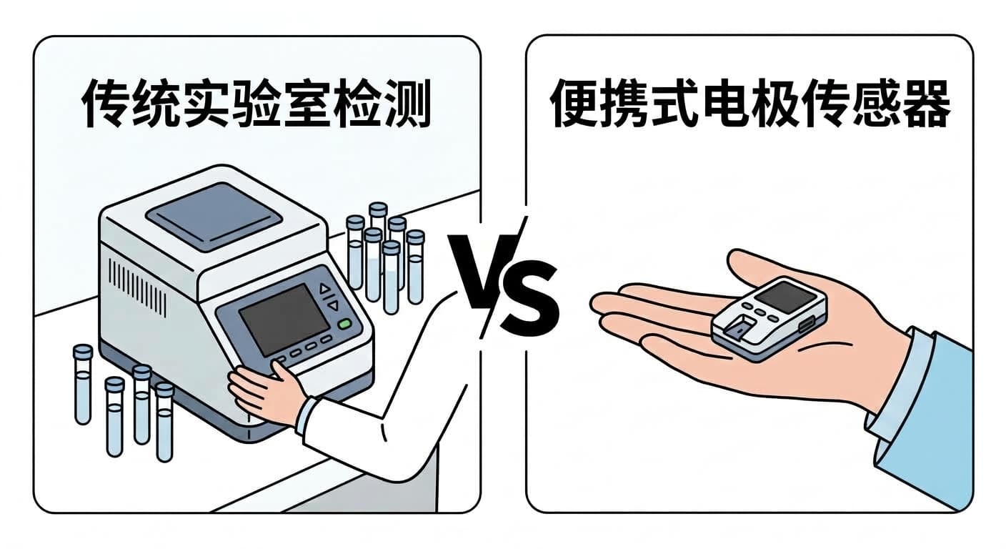 传统实验室基因扩增检测仪器与放在手掌上的便携式电极传感器对比图