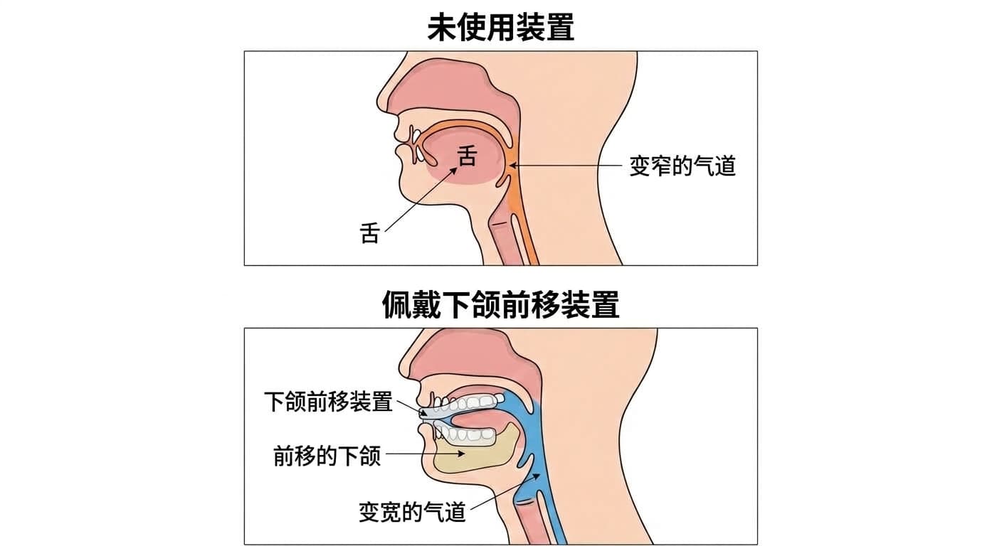 未使用装置与佩戴下颌前移装置时的侧面气道截面对比。佩戴装置后,下颌和舌头前移,气道随之扩大。