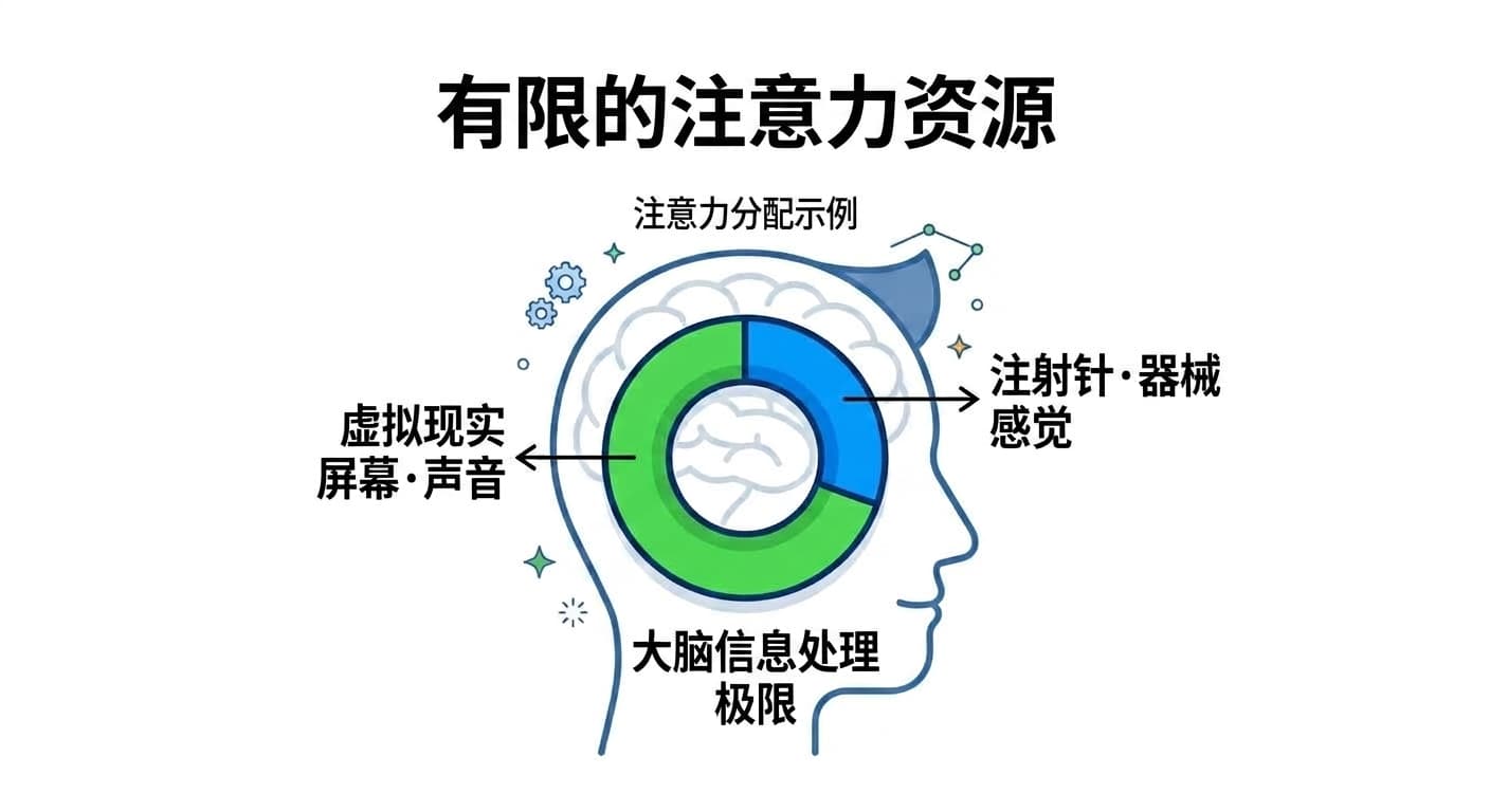 环形图展示大脑能处理的注意力资源有限，用于虚拟现实画面和声音的注意力越多，留给针头和器械感觉的注意力就越少