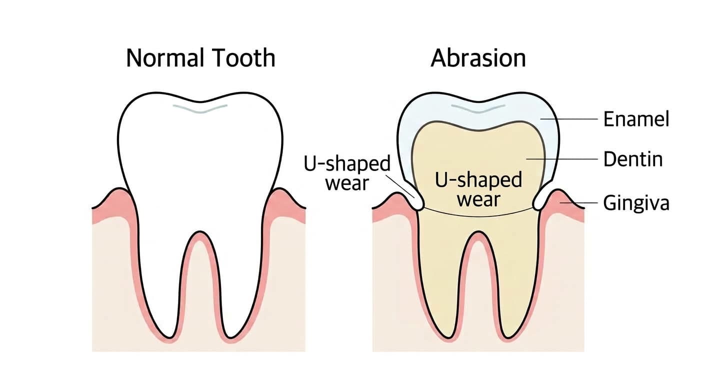 Cross-section comparison of a normal tooth and a tooth with abrasion. The abraded tooth shows a shallow U-shaped notch at the cervical area
