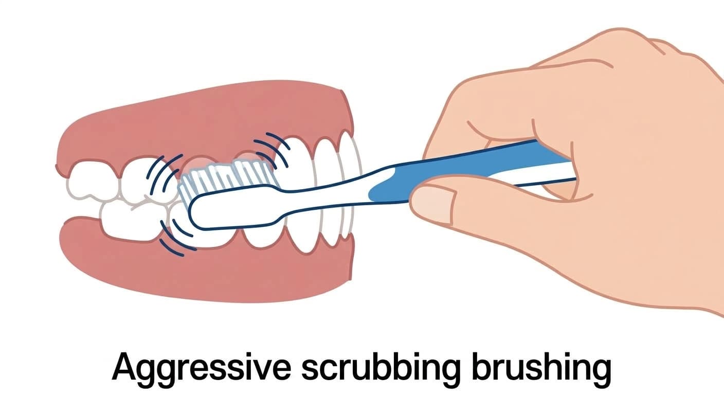 Aggressive scrubbing brushing applying repeated friction to the neck of the tooth