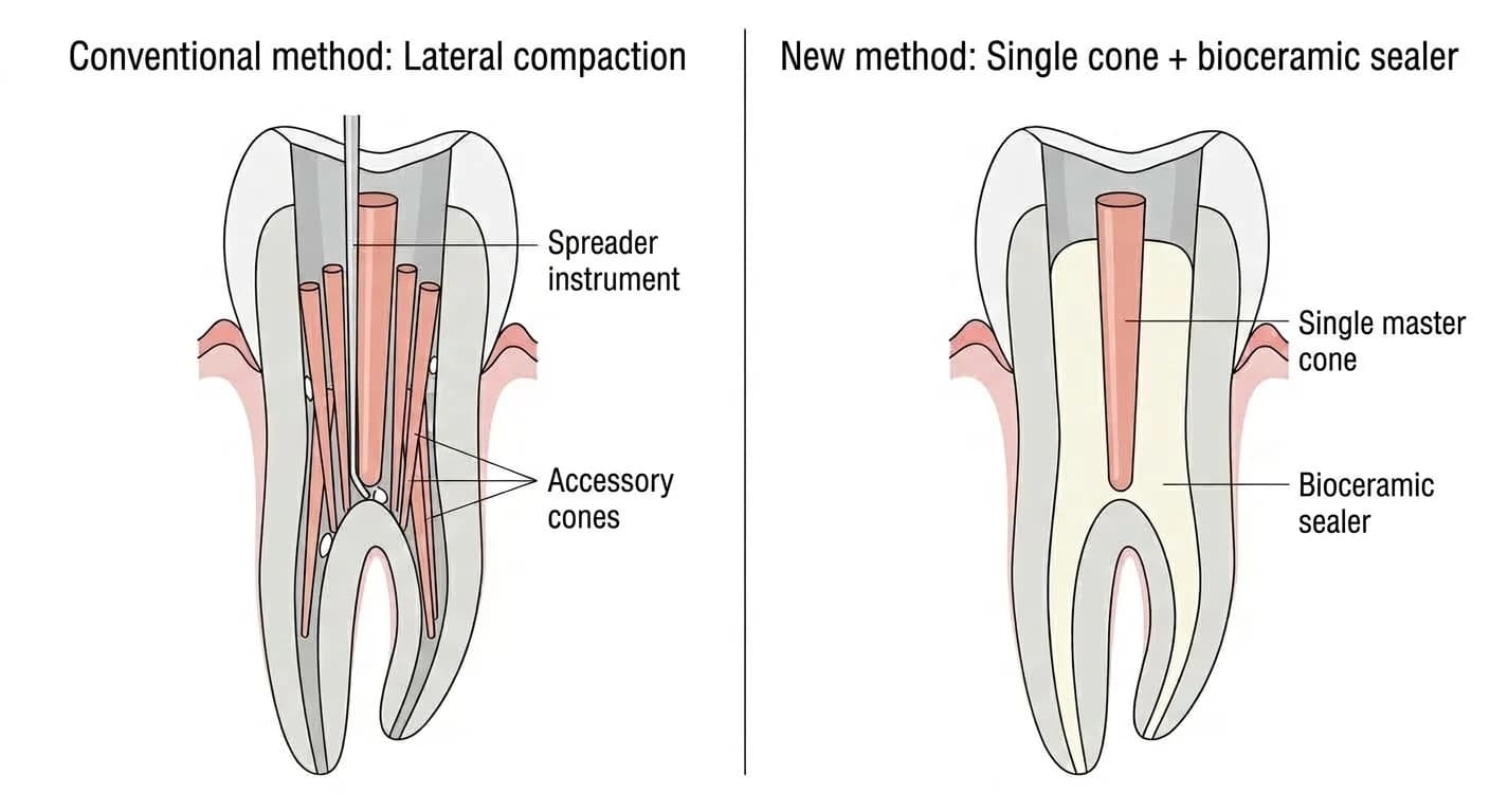 Comparison of two ways to fill a root canal. The left shows the conventional lateral compaction technique, packing multiple accessory cones with a spreader; the right shows the new method, filling gaps with a single cone and flowable bioceramic sealer.