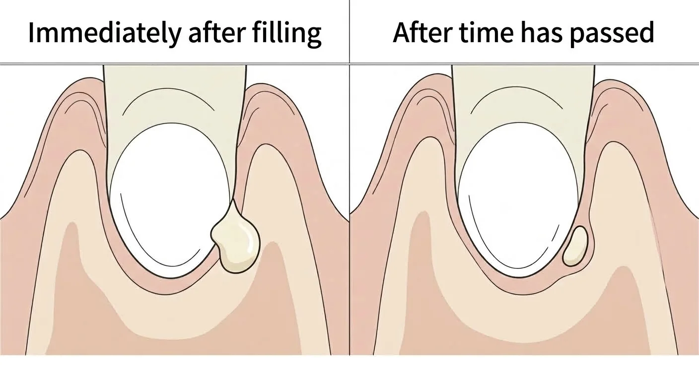 Diagram showing bioceramic sealer that extruded beyond the root apex shrinking in size over time.