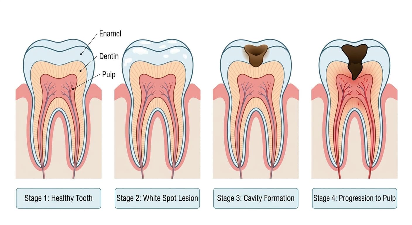 Stages of dental caries progression: a cross-sectional comparison from a healthy tooth through a white spot lesion, cavity formation, and progression to the pulp