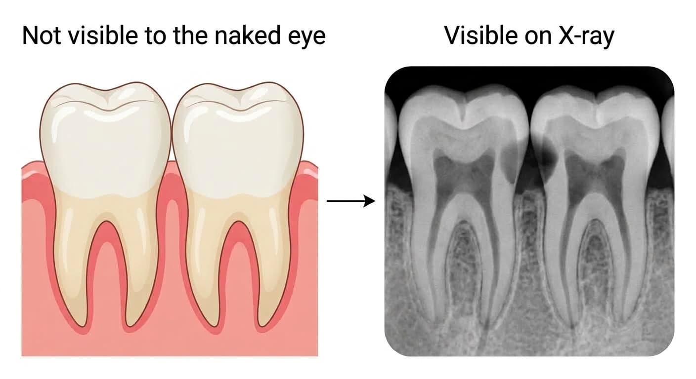 A comparison showing how proximal (between-teeth) decay is not visible to the naked eye but appears as a dark area on an X-ray