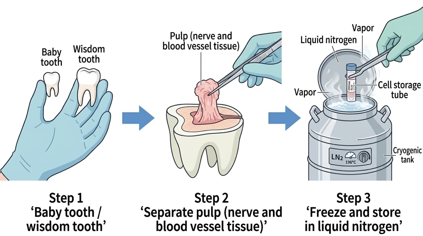 A three-step illustration showing pulp tissue being separated from a baby tooth or wisdom tooth, placed into a cell storage tube, and then put into a liquid nitrogen cryogenic tank