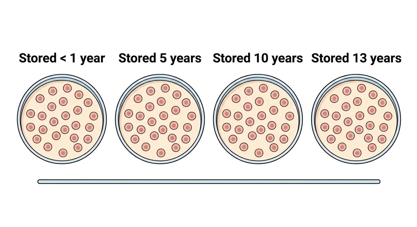 Illustration comparing dental stem cells frozen and thawed after less than 1 year, 5 years, 10 years, and 13 years, side by side in culture dishes. All four dishes show a similar cell density