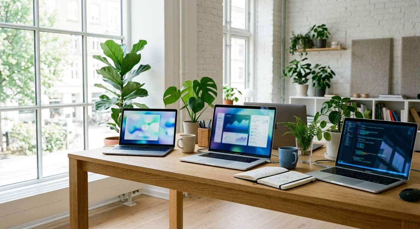 A bright office desk with houseplants and several laptops