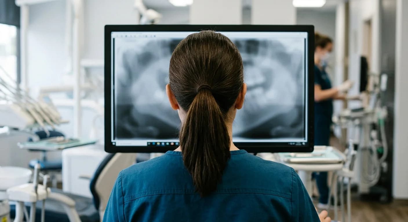 Photo of a clinician, seen from behind, looking at a dental image on a monitor in a dental office