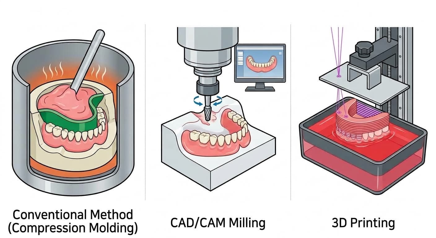 An illustration comparing the fabrication processes of the three denture-making methods: conventional compression molding, CAD/CAM milling, and 3D printing.