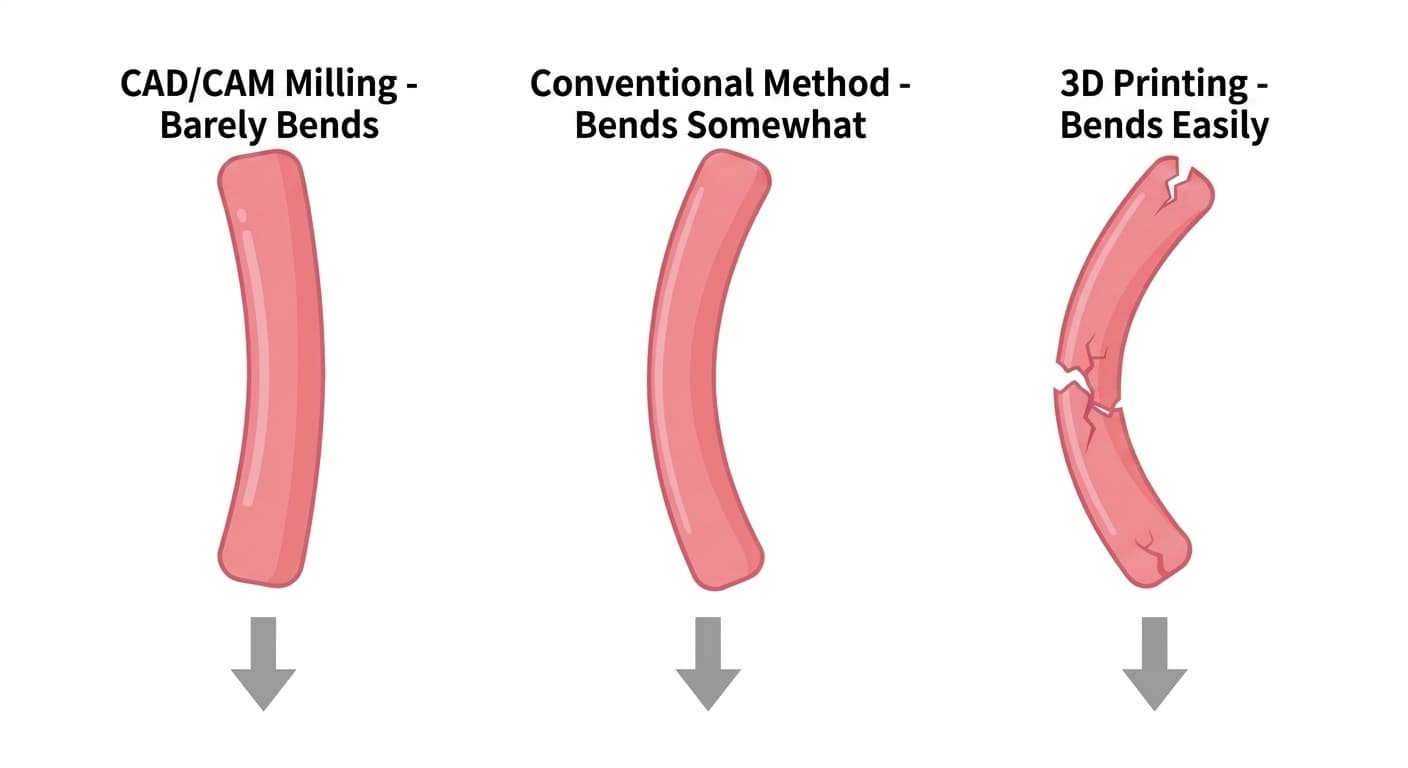 A conceptual illustration comparing how much dentures made by CAD/CAM milling, the conventional method, and 3D printing flex under chewing force.