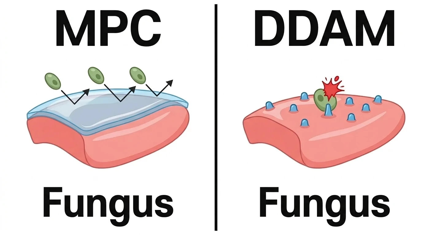 An illustration comparing how MPC repels fungus with a water layer and how DDAM kills fungus on contact