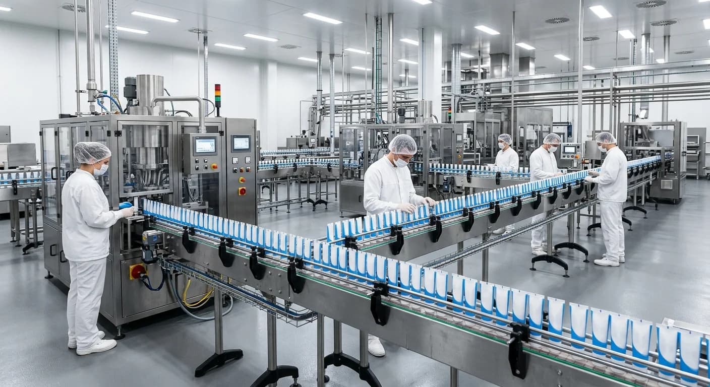 Workers in sterile uniforms monitoring a toothpaste tube production line in a clean manufacturing facility
