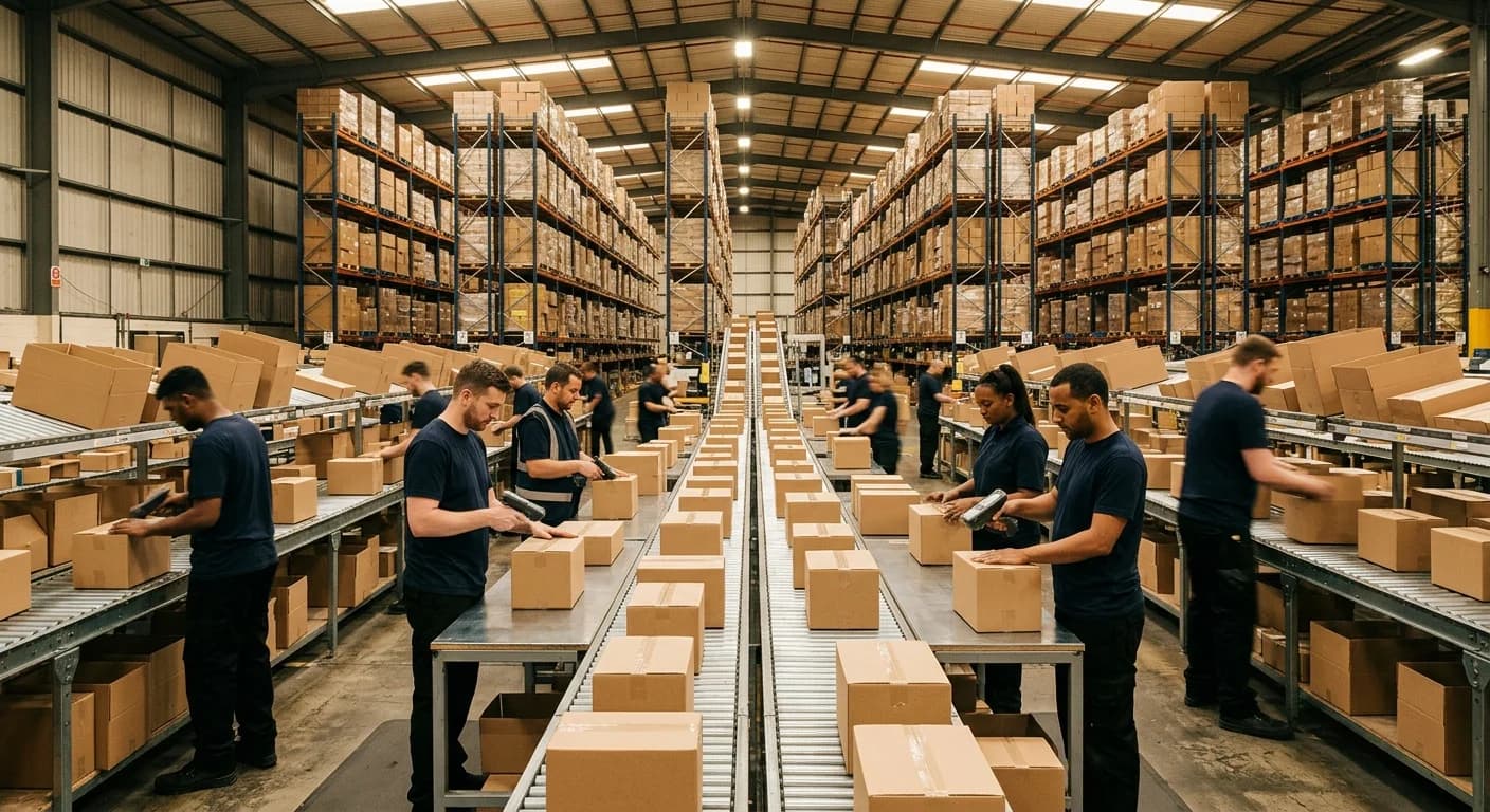 Workers scanning and packing boxes on a conveyor belt in a large warehouse fulfillment center