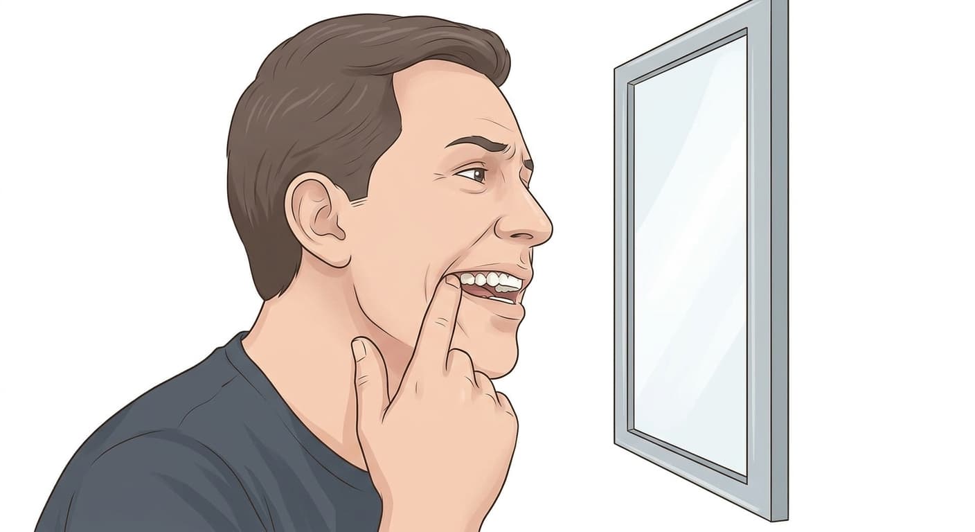 A person in front of a mirror pulling back their lip with a finger to look at their teeth. It depicts the moment of checking one's own tooth surface.