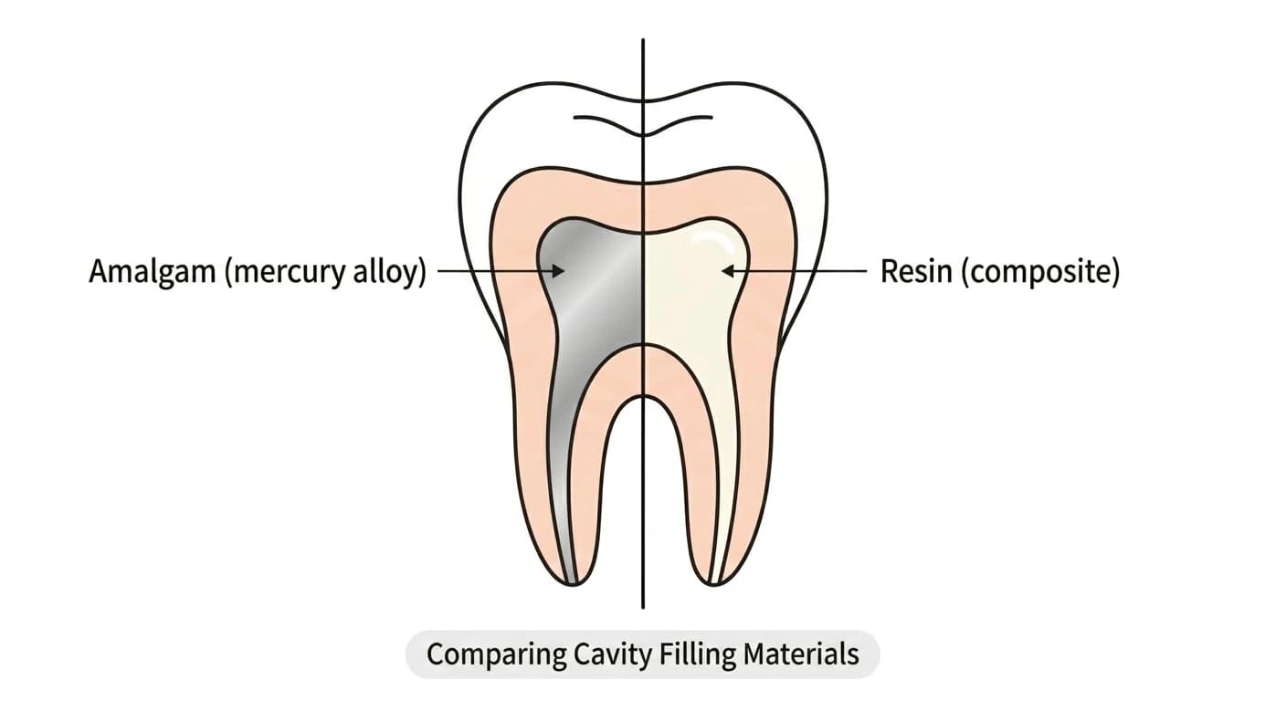 Illustration comparing a cross-section of a tooth filled with amalgam versus resin