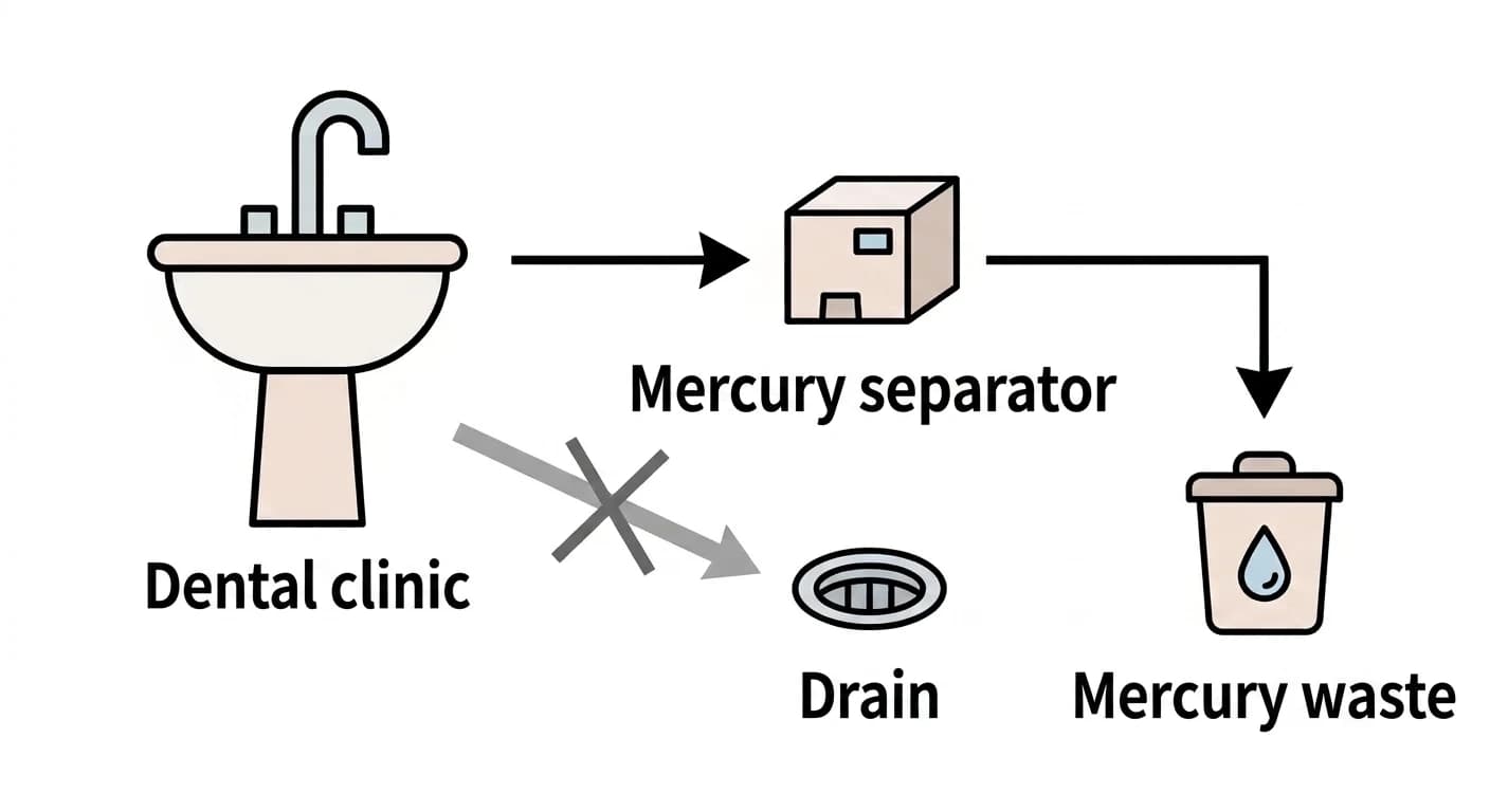 Flowchart showing mercury from a dental clinic passing through a separator to be collected as separate waste, with the path to the drain blocked