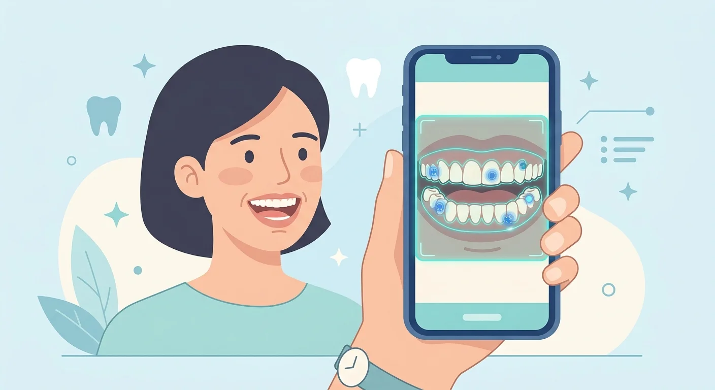 A smiling woman next to a smartphone screen showing an AI scan of her teeth with highlighted markers