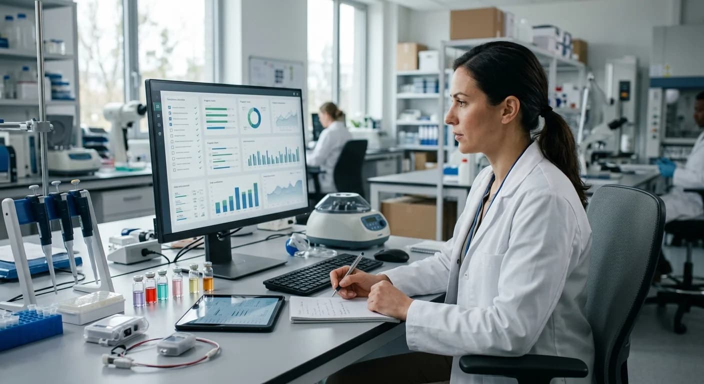 A researcher in a lab reviewing dashboard charts on a monitor and tablet in a medical device testing lab