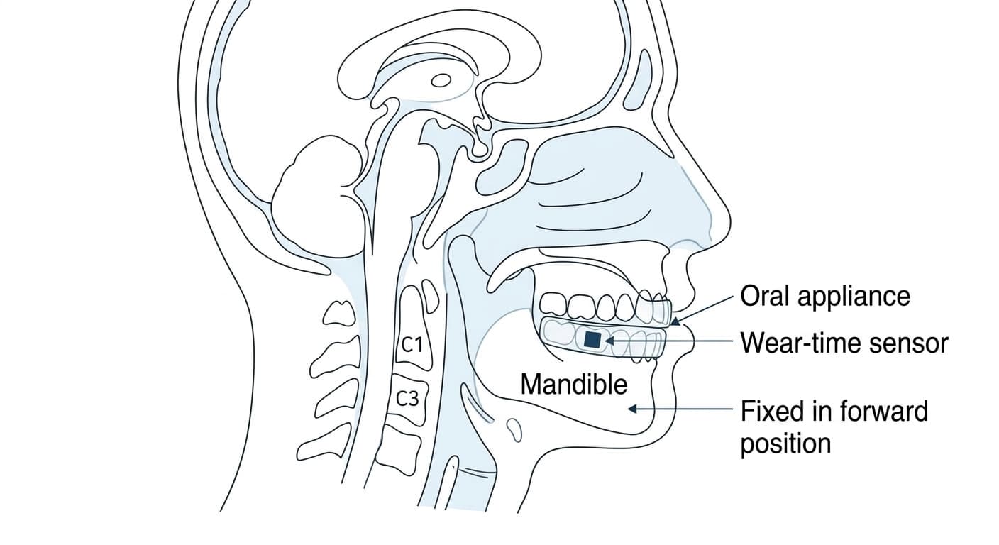 Side-view diagram of a mandibular advancement device. The device is fitted between the upper and lower teeth with a wear-time sensor built in, holding the lower jaw in a forward position.
