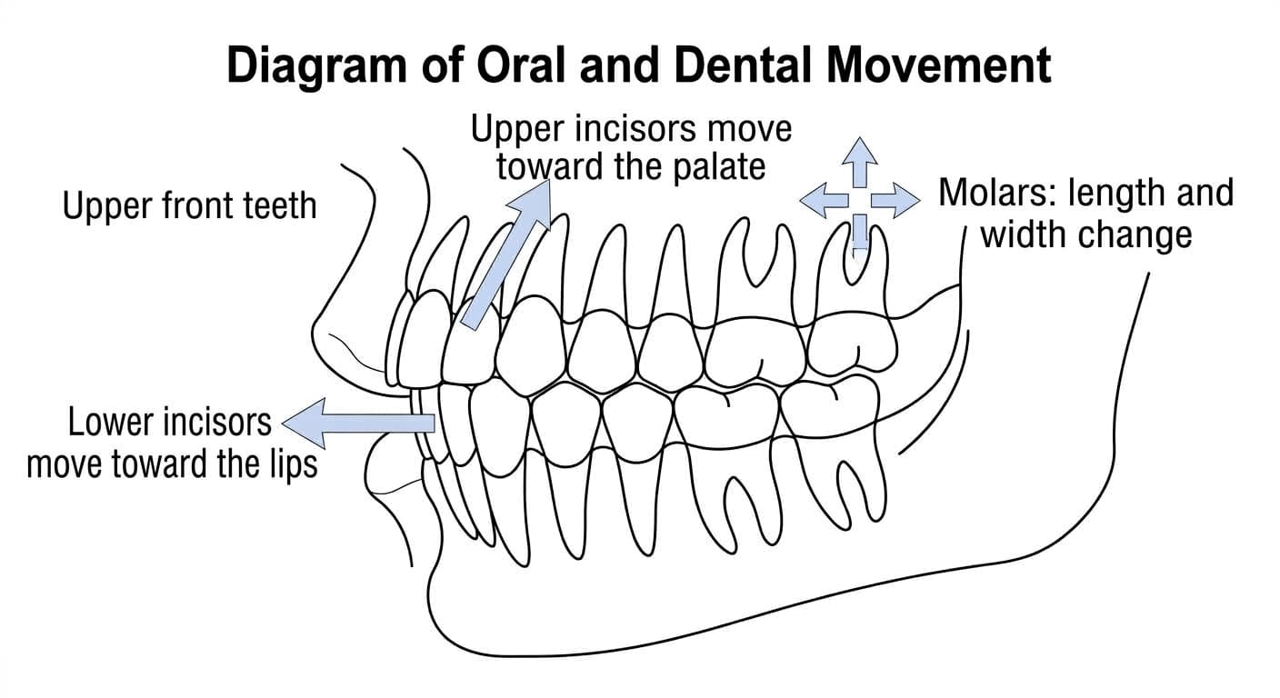 Diagram with arrows showing the direction of tooth movement for the upper incisors, lower incisors, and molars. The lower incisors move toward the lips, the upper incisors move toward the palate, and the molars change in length and width.