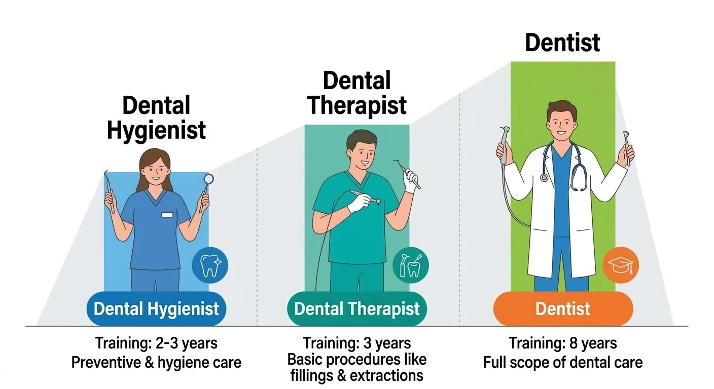 A chart comparing the training length and scope of practice of dental hygienists, dental therapists, and dentists