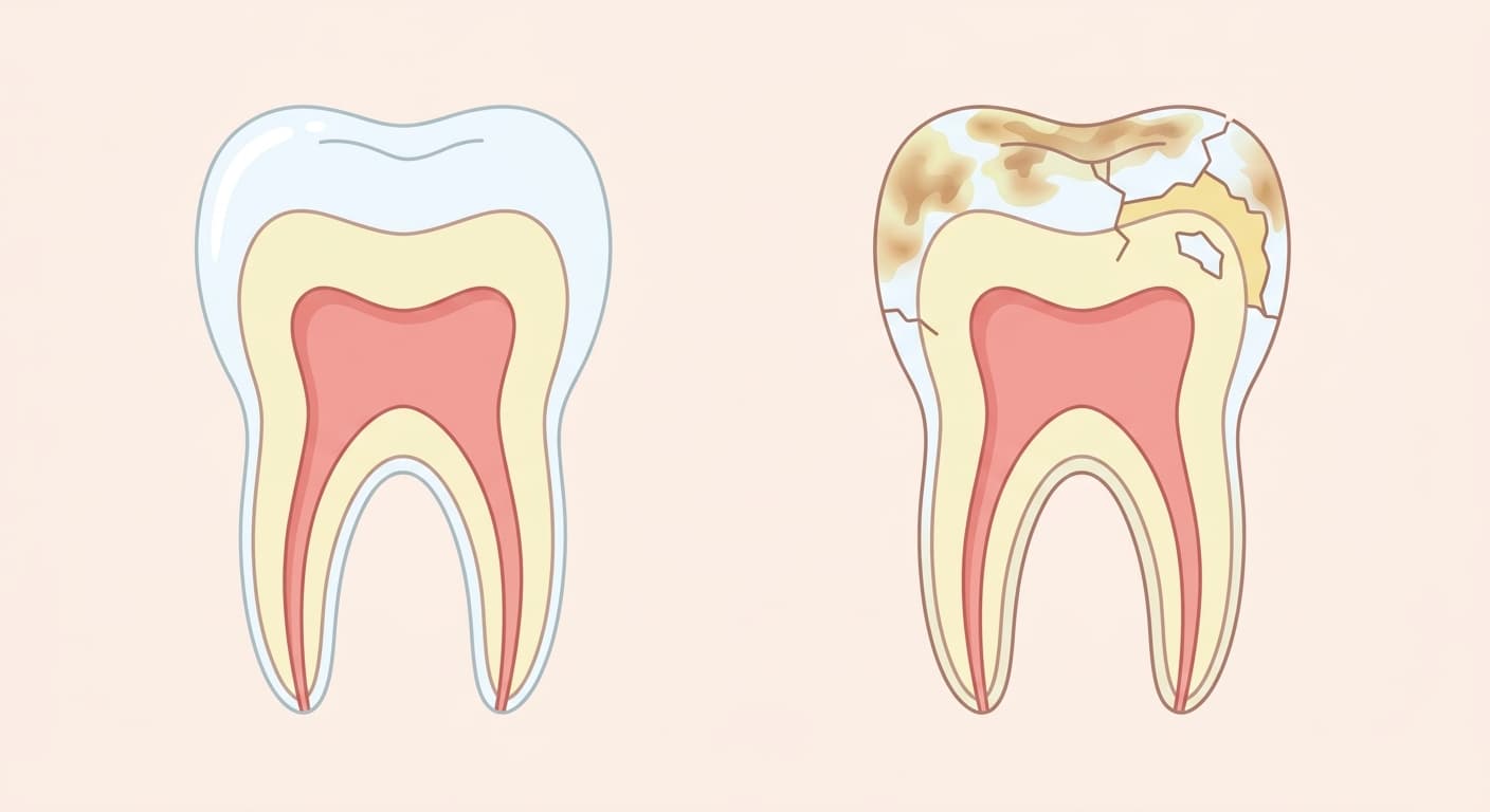 An illustration comparing a cross-section of a healthy molar with a cross-section of a molar showing mottled, cracked enamel from hypomineralization